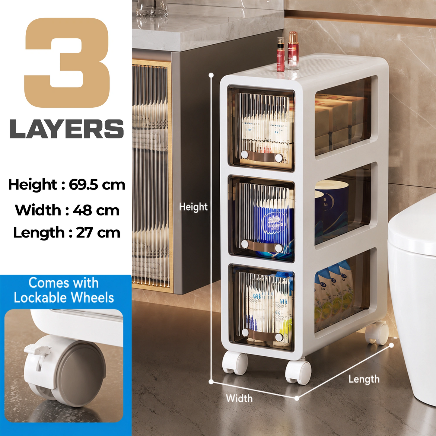 HOMX Narrow Rolling Storage Tower – Slim Drawer Cart with Lockable Wheels