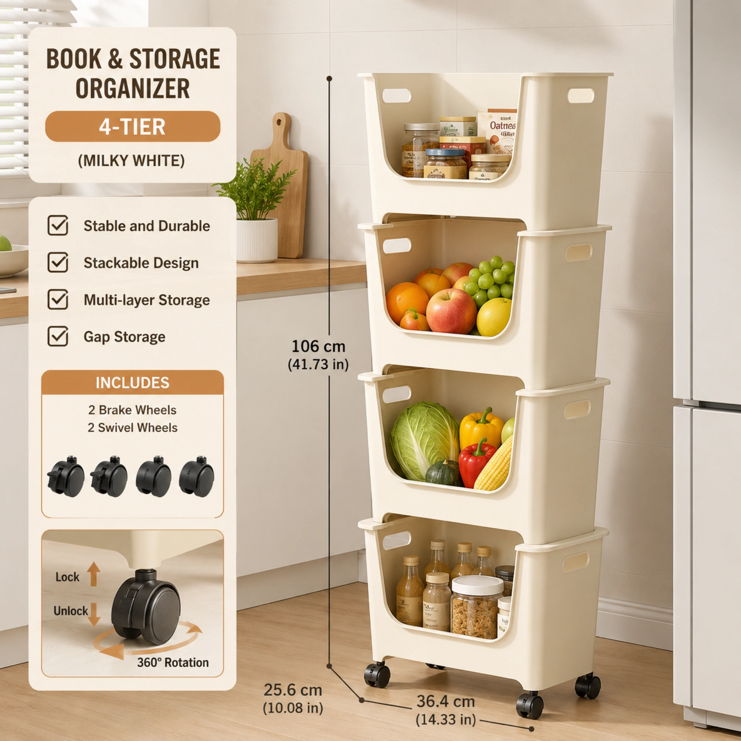 HOMX 4-Tier Stackable Storage Cart, Milky White, Lockable Wheels & Handles