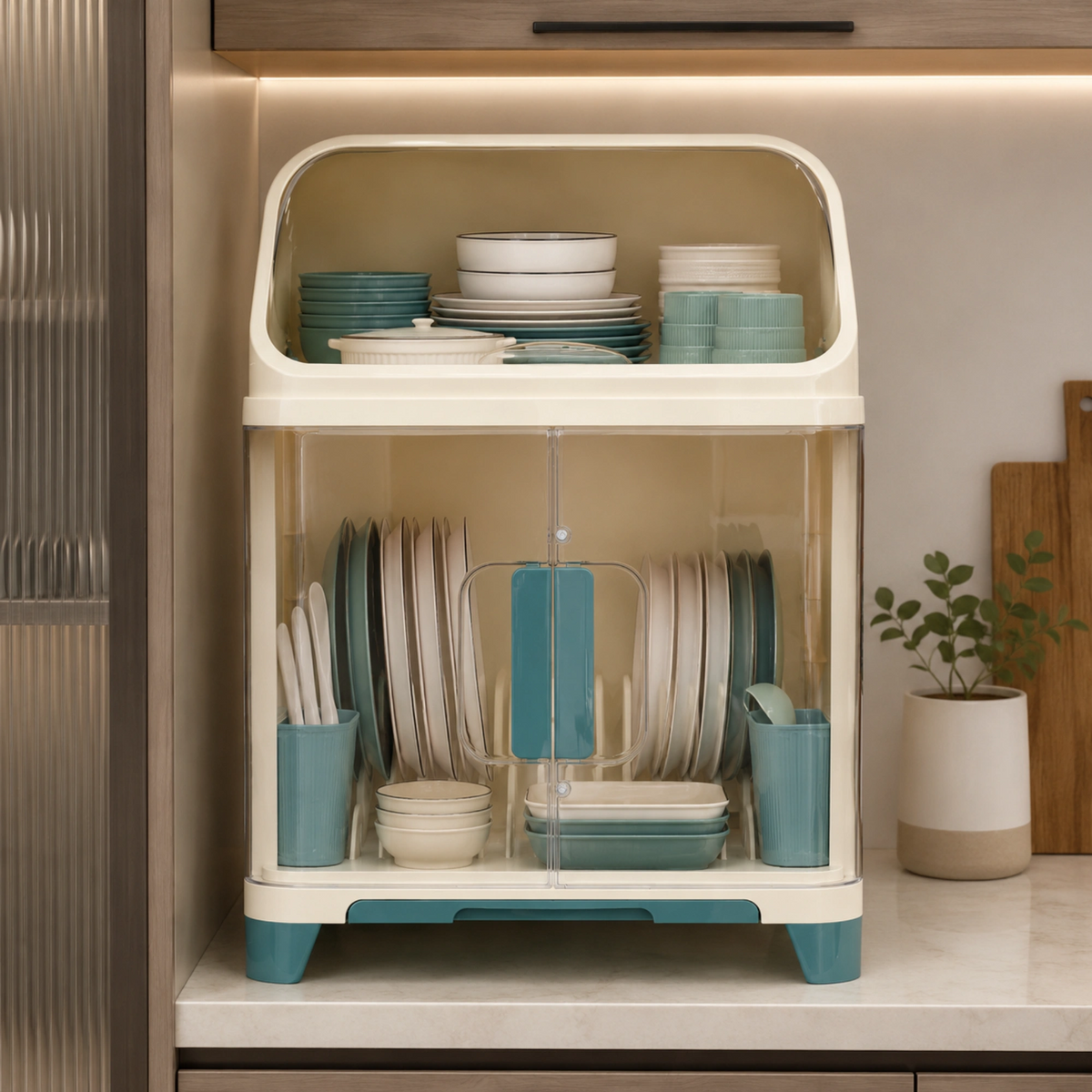 Dust-Proof Dish Drying Rack/Cabinet with Utensils Holder (White-Blue)