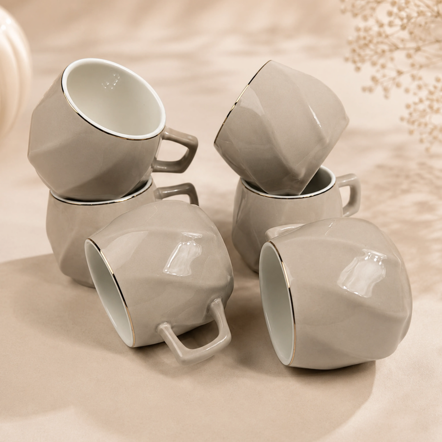 Light Grey Premium Gold Rim Ceramic Mug & Saucer - Set of 6 (75ml each)