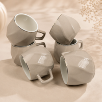 Light Grey Premium Gold Rim Ceramic Mug & Saucer - Set of 6 (75ml each)