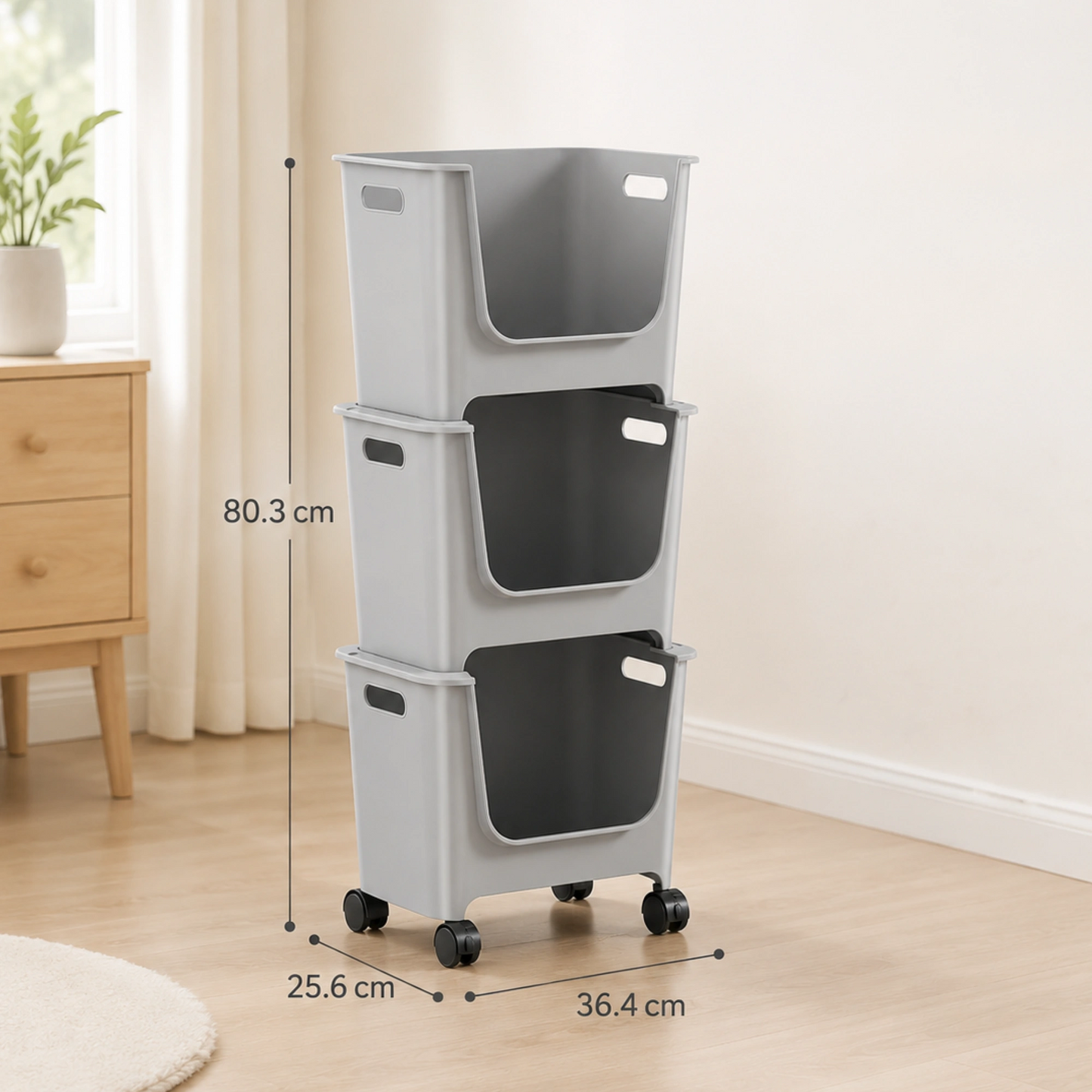 HOMX 3-Tier Stackable Storage Cart with Lockable Wheels, Open-Front Design