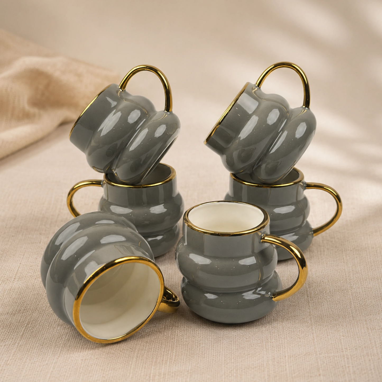 Luxury Smoky Grey Gold Rim Ceramic Mug & Saucer - Set of 6 (100ml each)