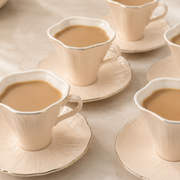 Premium Beige Ceramic Mug & Saucer with Gold Rim - Set of 6 (100ml each)