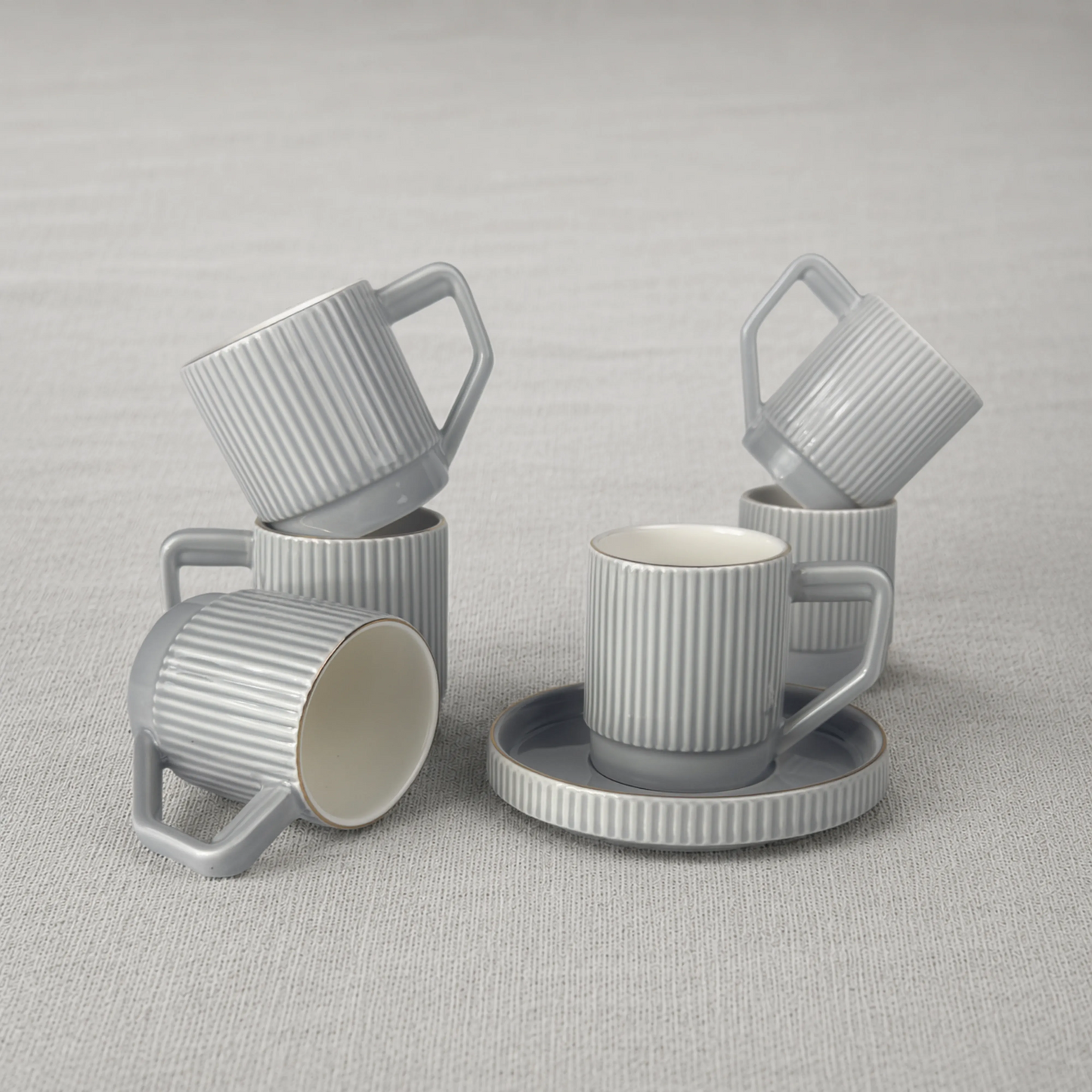 Premium Grey-Gold Rim Ribbed Ceramic Mug & Saucer - Set of 6 (100ml each)