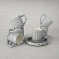 Premium Grey-Gold Rim Ribbed Ceramic Mug & Saucer - Set of 6 (100ml each)