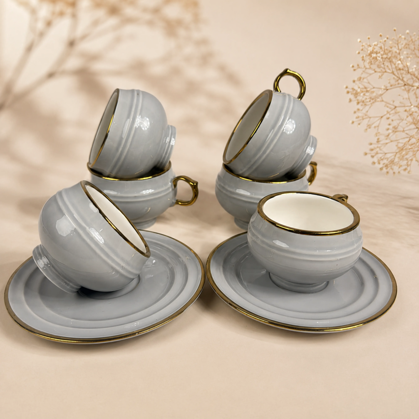 Light Grey with Gold Rim Ceramic Mug & Saucer Set – Set of 6 (100ml each)