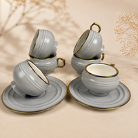 Light Grey with Gold Rim Ceramic Mug & Saucer Set – Set of 6 (100ml each)