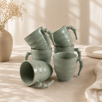 Luxury Sage Green Ceramic Mug & Saucer Set with Gold Rim - 6 Pcs (100ml each)