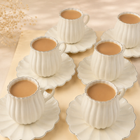 Ivory Luxe Gold Rim Ceramic Tea & Coffee Mug Set with Saucers (6 Pcs) - 250ml each