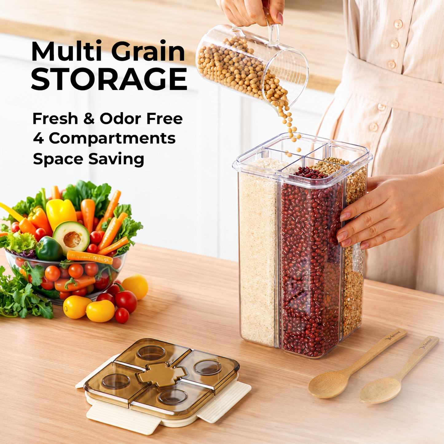 HOMX 4-Compartment Airtight Food Storage Container with Divider Lids