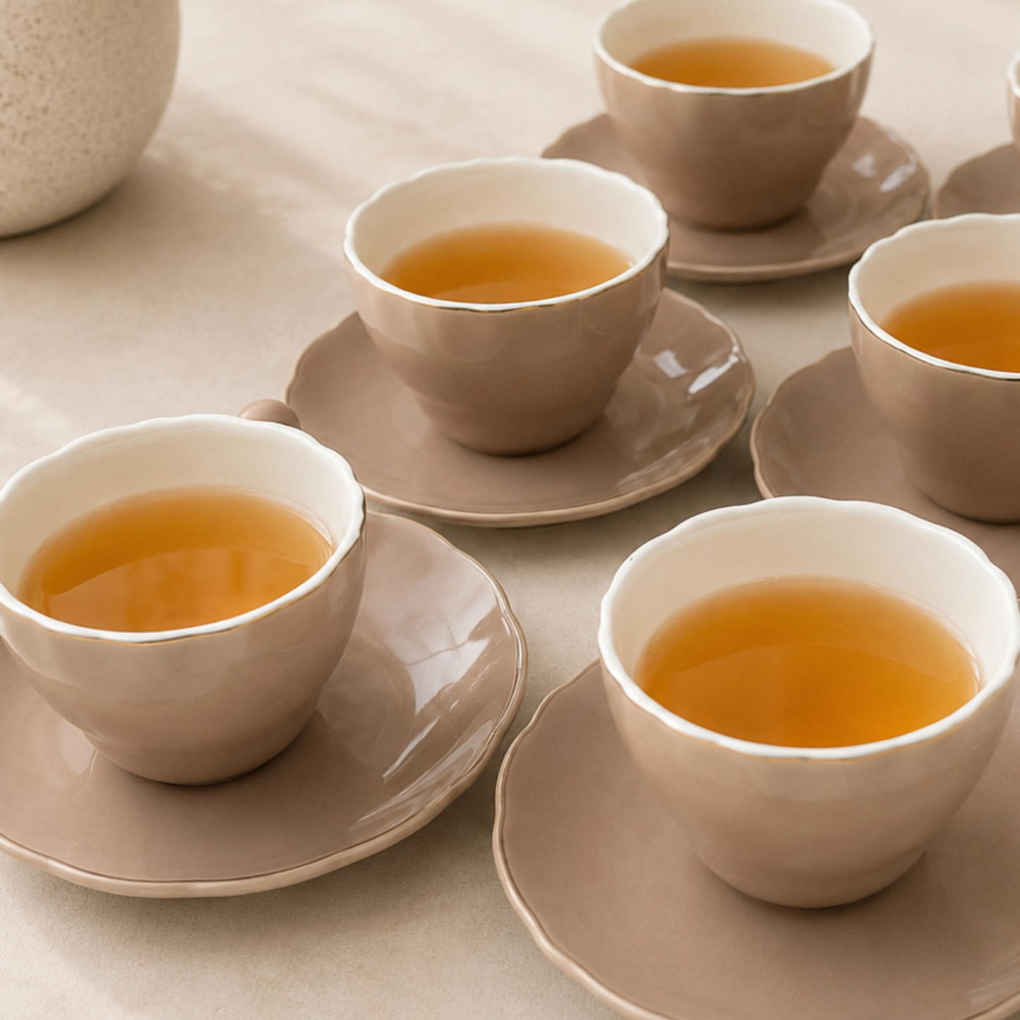 Blush Pink Gold-Rim Ceramic Tea Cup & Saucer Set of 6 (100ml each)