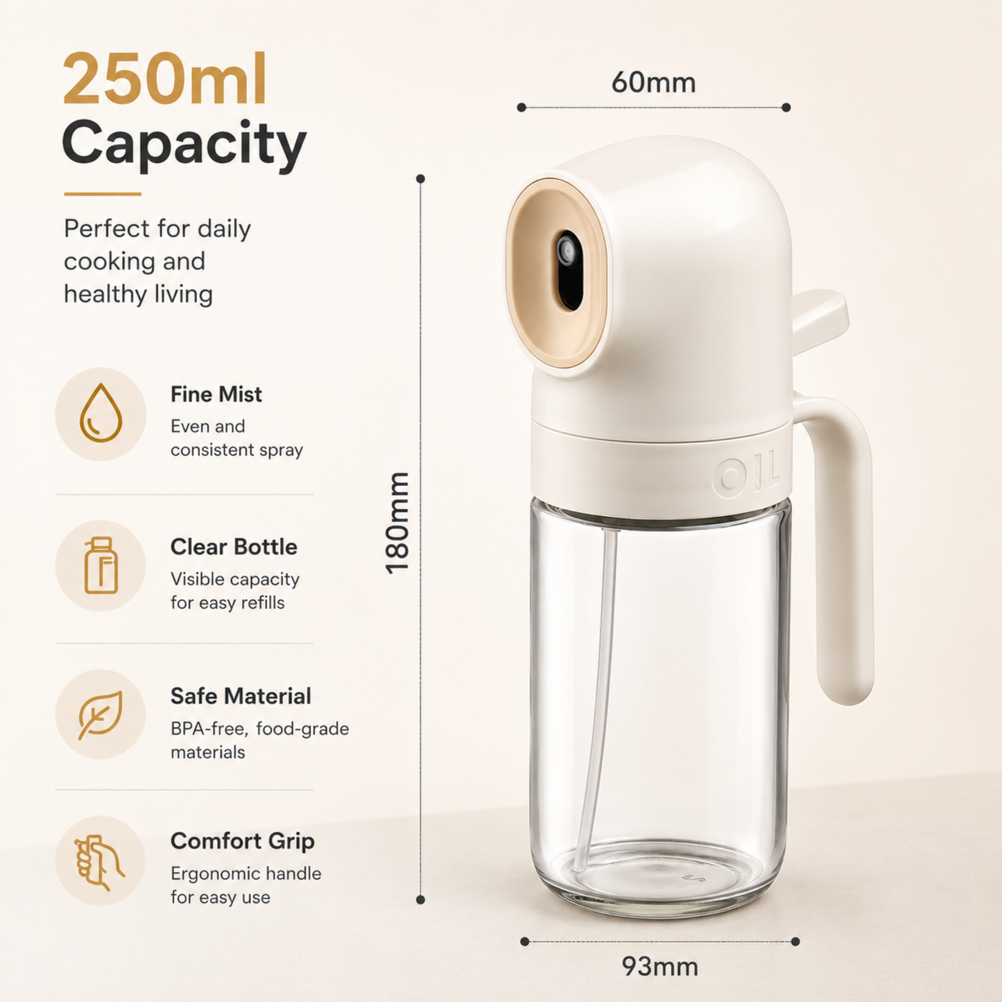Fine Mist Oil Sprayer for Cooking | 250ml Glass Dispenser