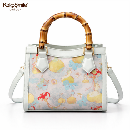 Elegant SilkCraft Leather Top Bamboo Handle Bag with Hangzhou Silk for Women