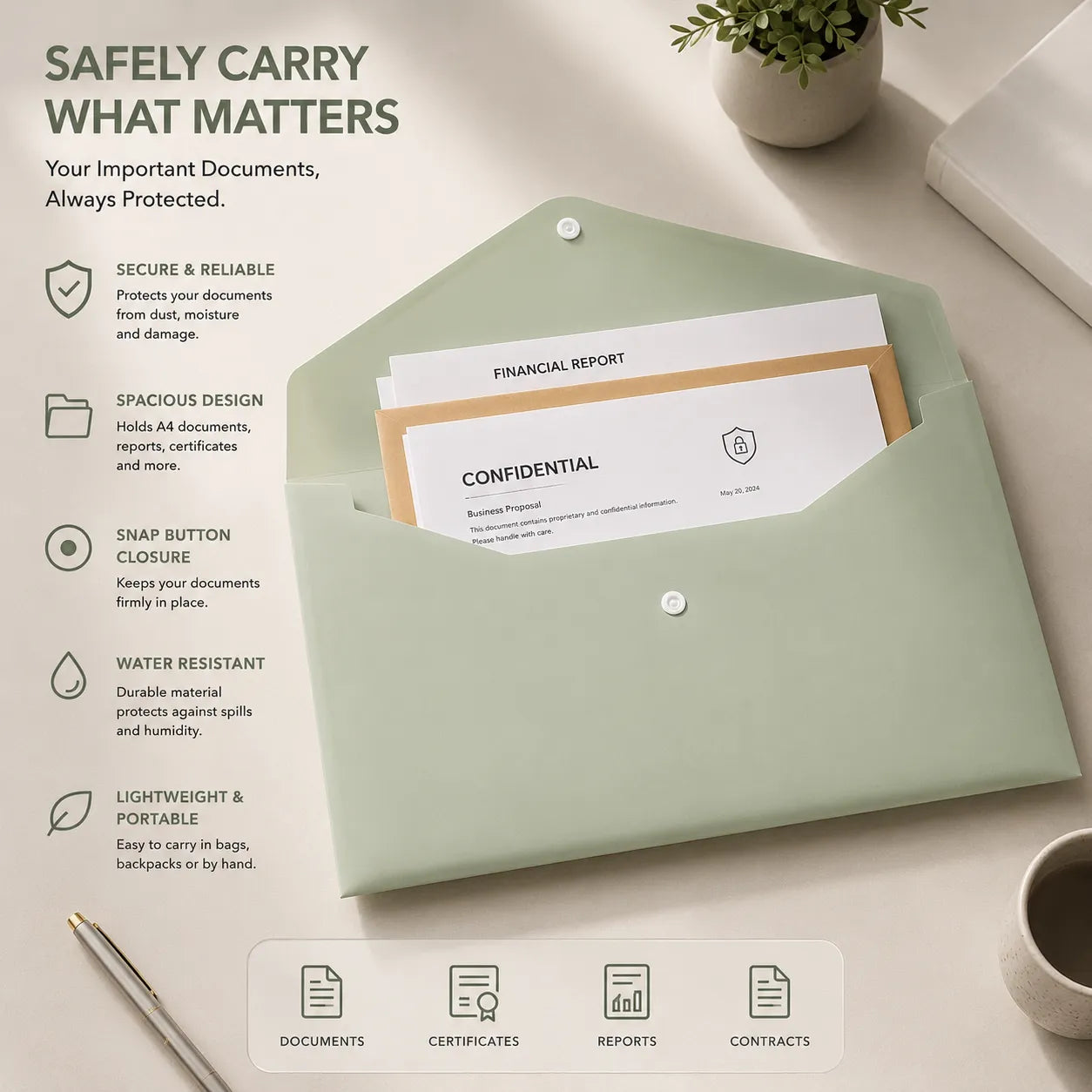 Portable A4 Document Folder with Snap Lock Closure