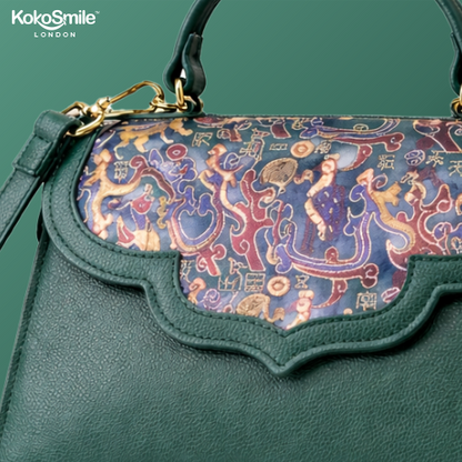 Emerald Silk Flap Leather Handbag with Top Handle & Sling