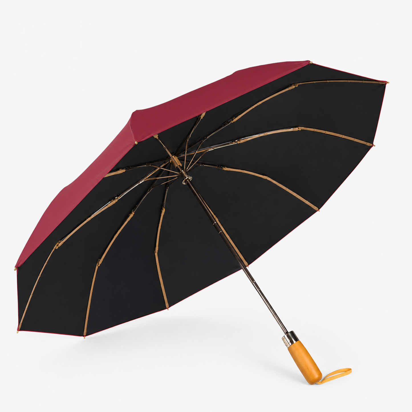 Luxury Windproof Folding Umbrella with Wooden Handle & UV Shield
