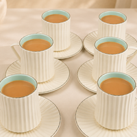 Ivory Blue Ribbed Ceramic Tea/Coffee Mug & Saucer -  Set of 6 (250ml each)