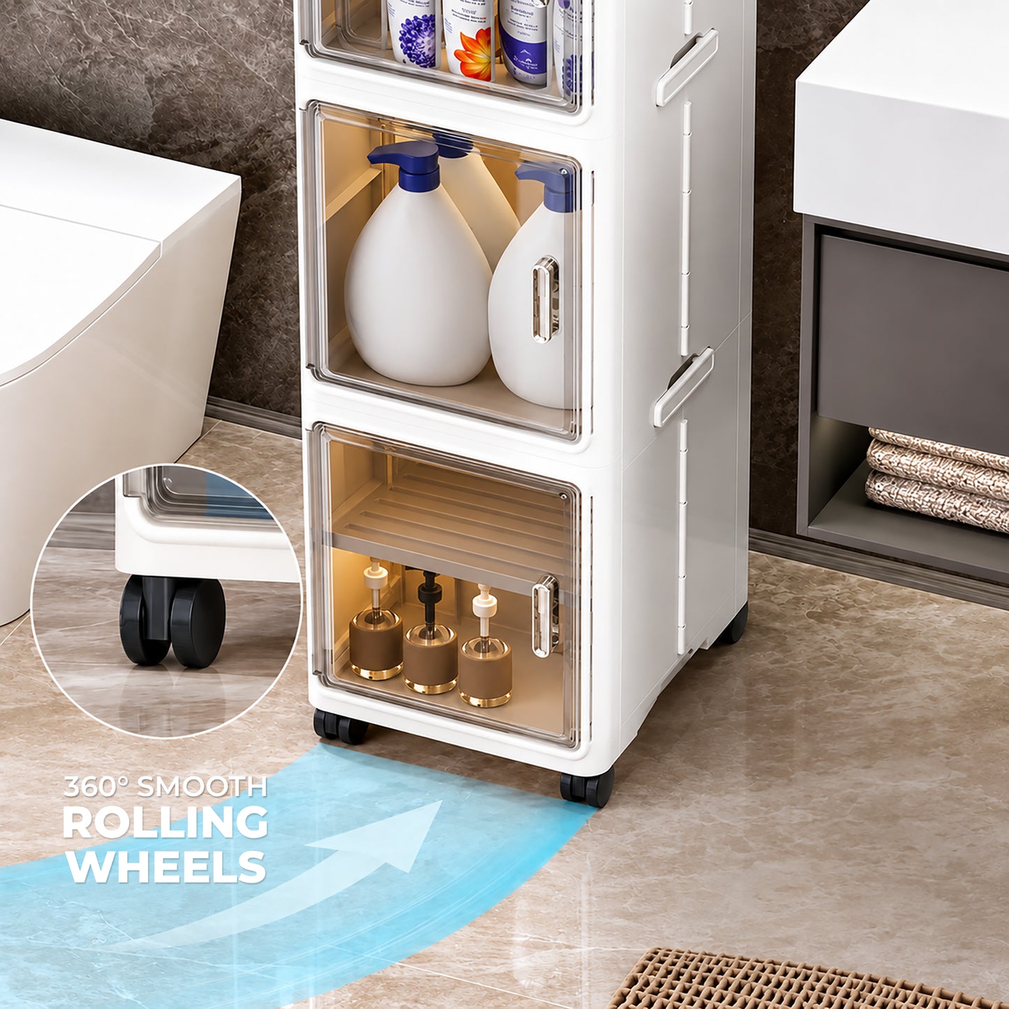 Slim 4-Tier Storage Cabinet with Transparent Doors & Rolling Wheels