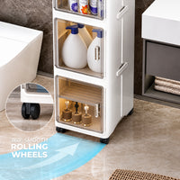 Slim 4-Tier Storage Cabinet with Transparent Doors & Rolling Wheels