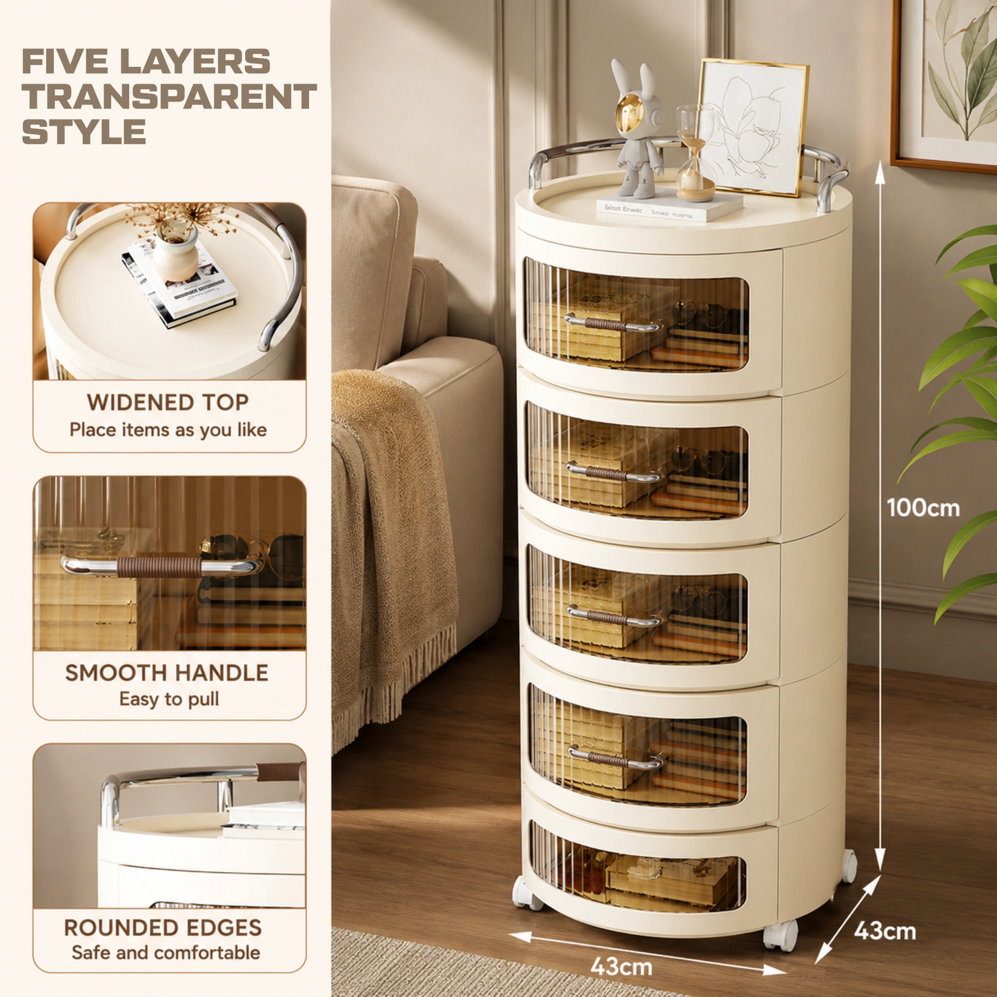 HOMX Round Rolling Storage Cabinet – 5-Drawer Bedside Table with Wheels