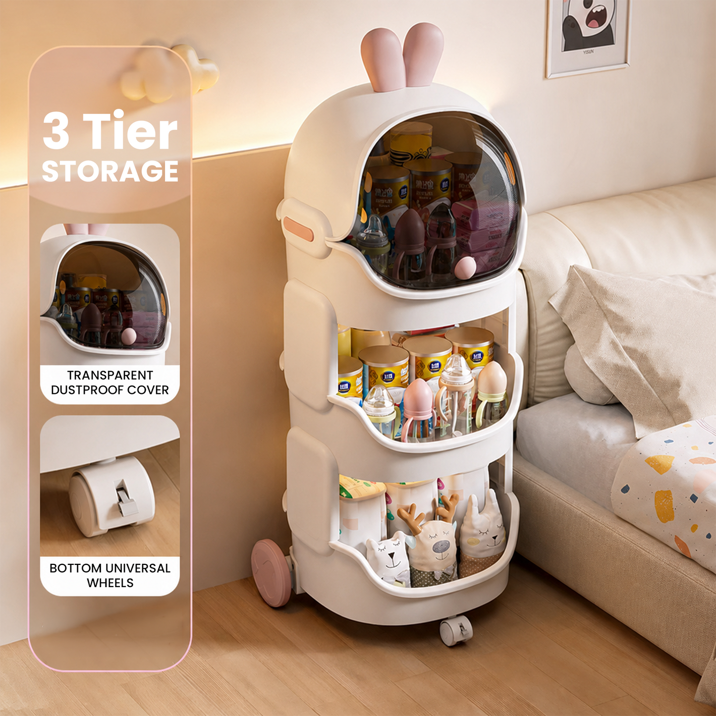 Cute Rabbit Baby Storage Trolley with Dust-Proof Cover & Wheels