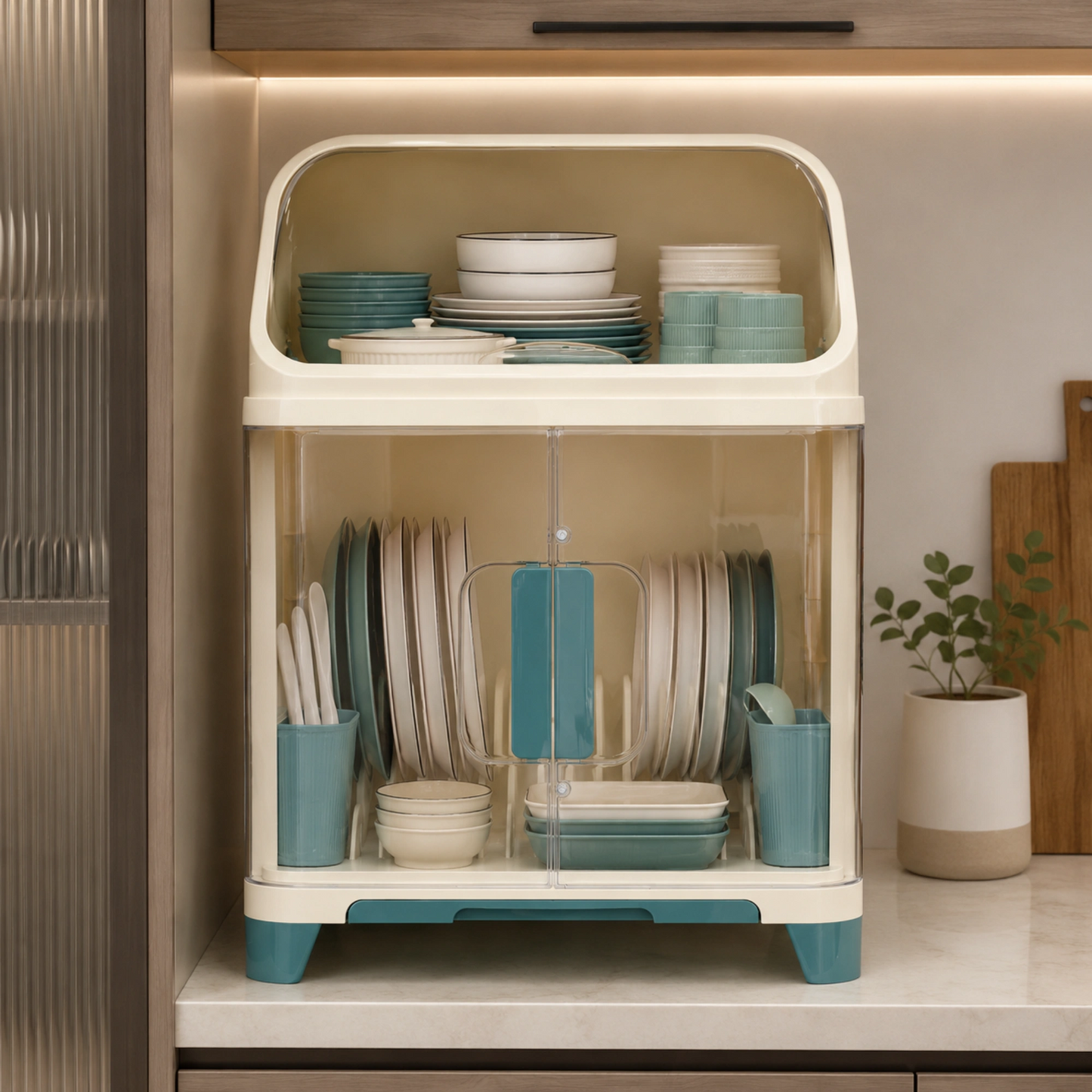 Dust-Proof Dish Drying Rack Cabinet with Utensil Holders & Storage Drawer