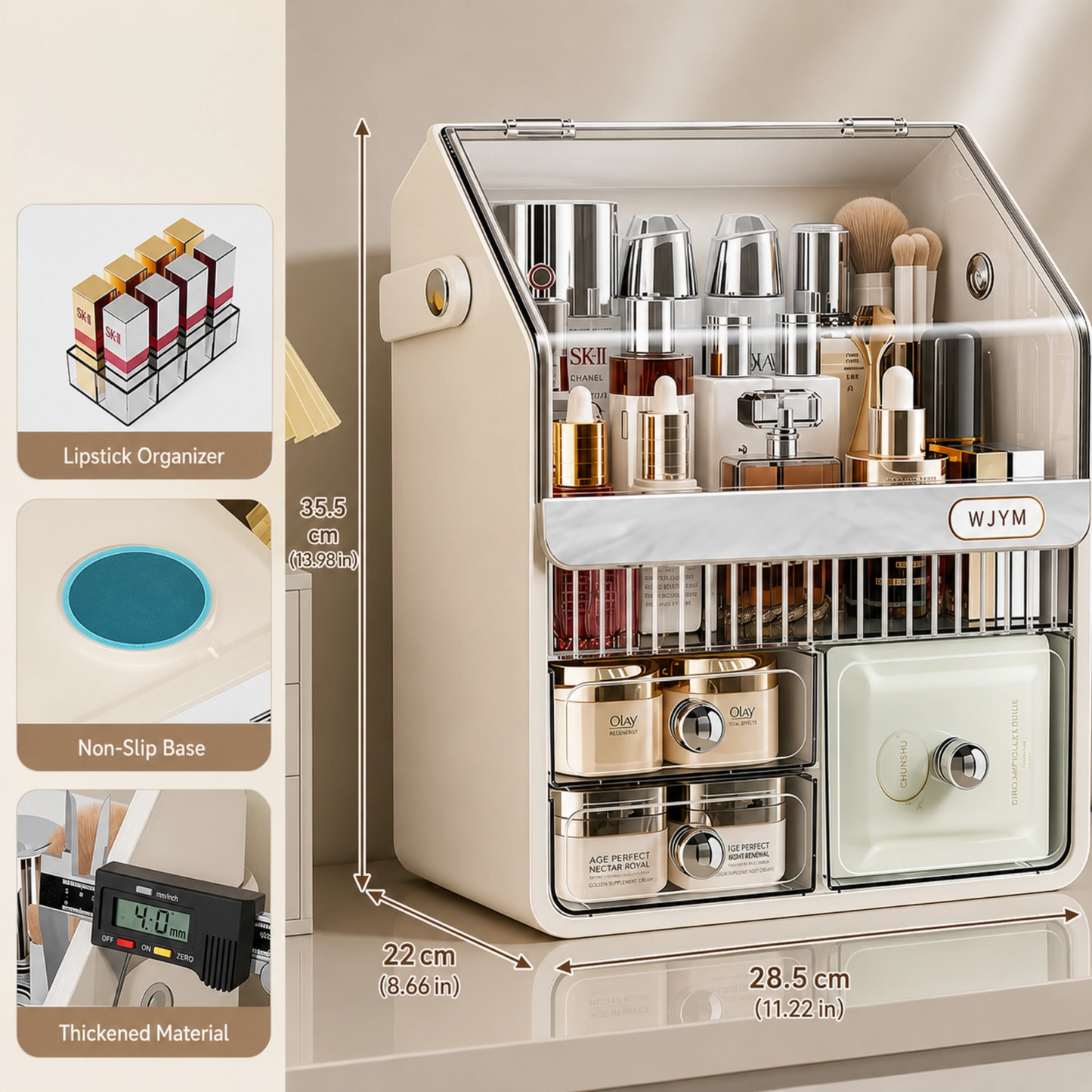 HOMX Premium Vanity Organizer with Dust-Proof Lid & Lipstick Holder