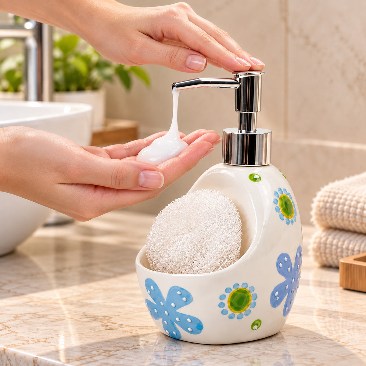 Ceramic Soap Dispenser with Sponge Holder for Kitchen - 320ml
