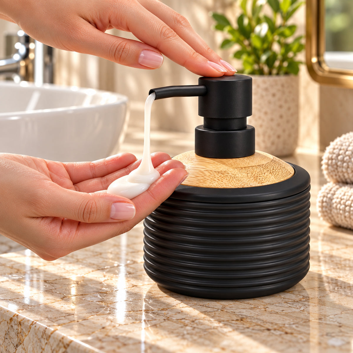 Unbreakable Matte Ribbed Soap Dispenser with Wooden Top 390ml