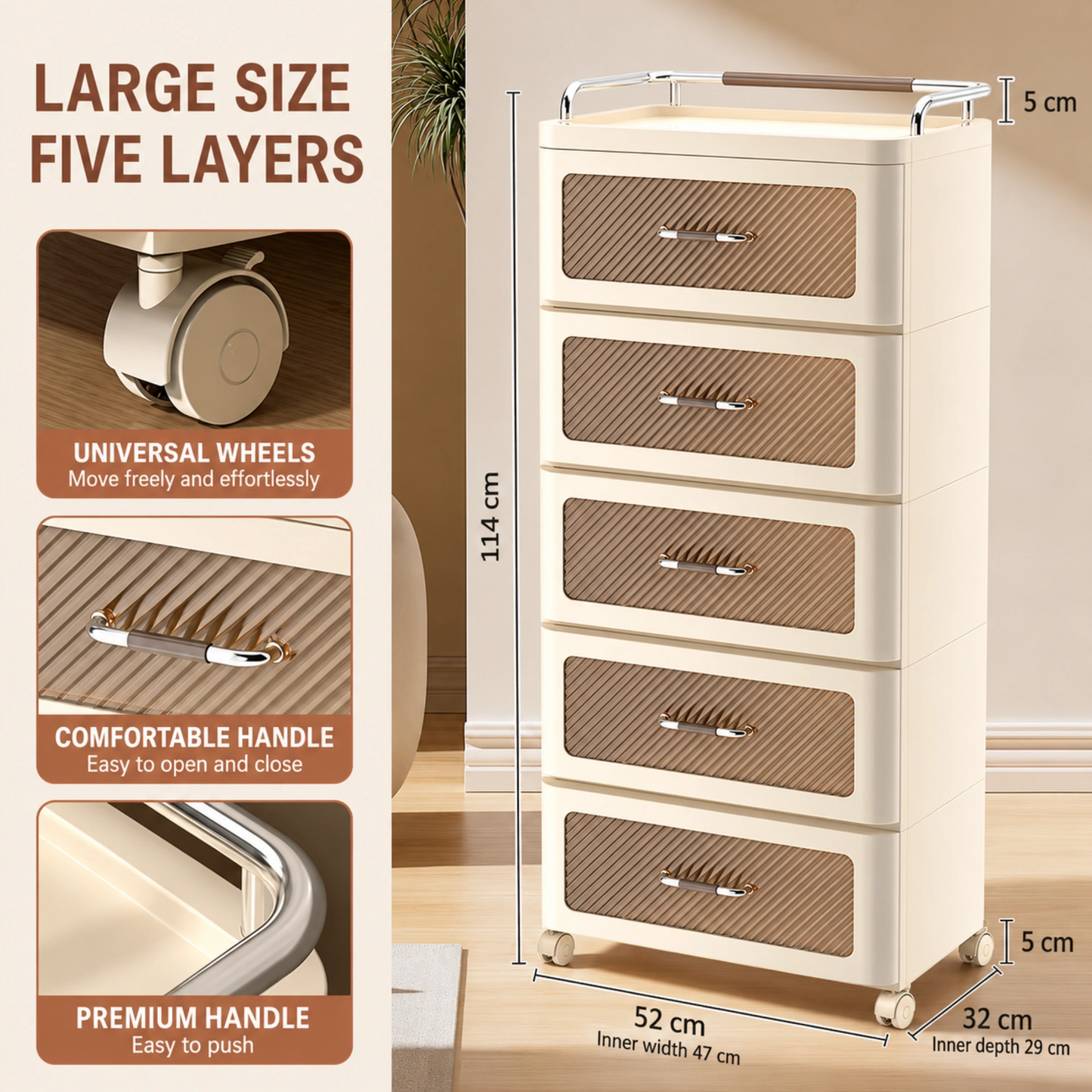 HOMX Off-White 5-Drawer Rolling Storage Chest with Acrylic Fronts