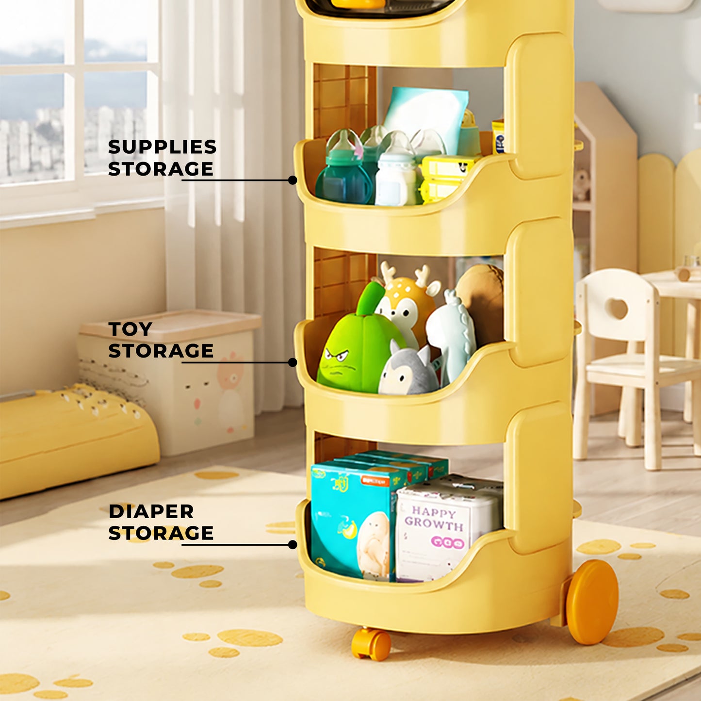 Cute Rabbit Baby Storage Trolley with Dust-Proof Cover & Wheels