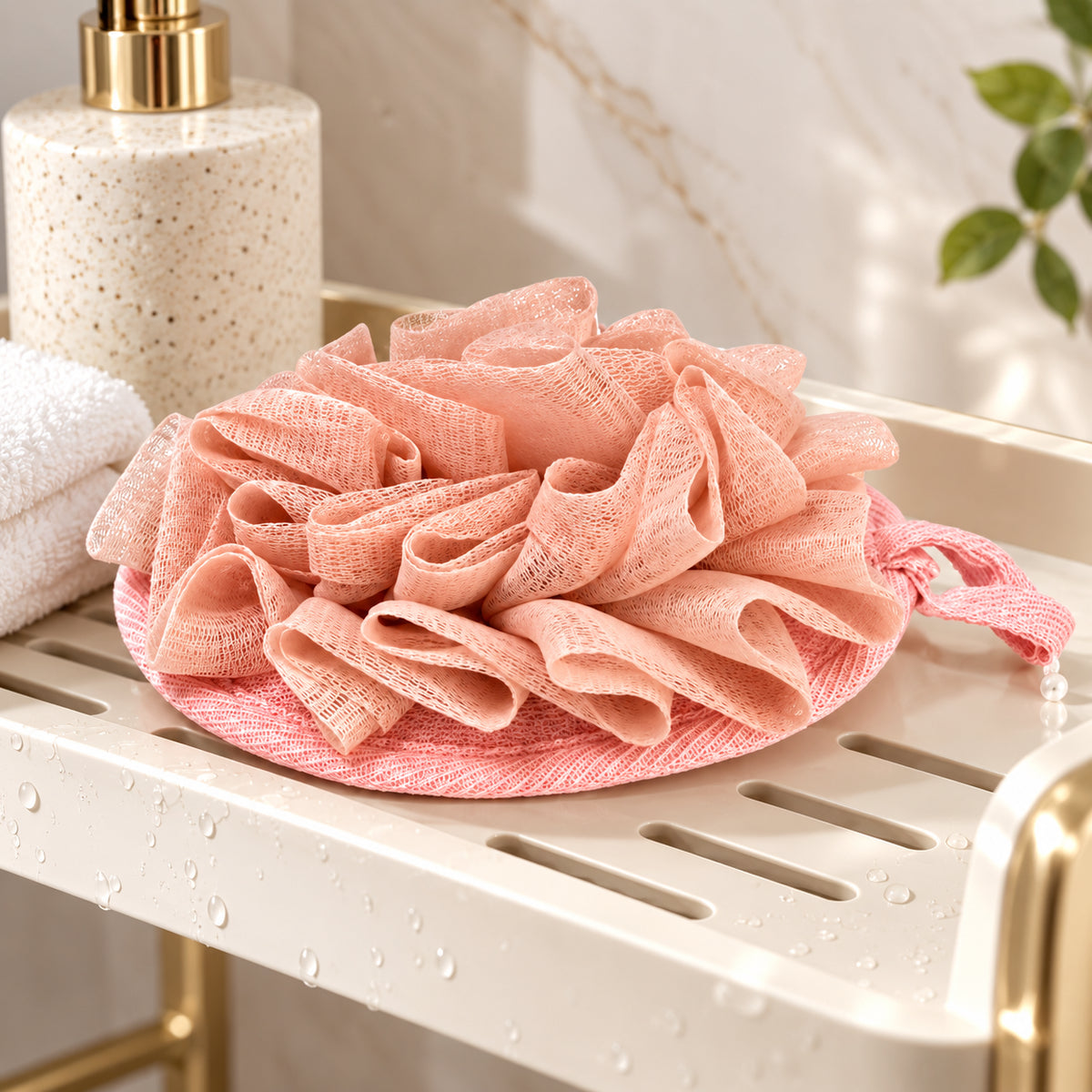 Peach Mesh Bath Loofah – Soft & Stylish Shower Pouf