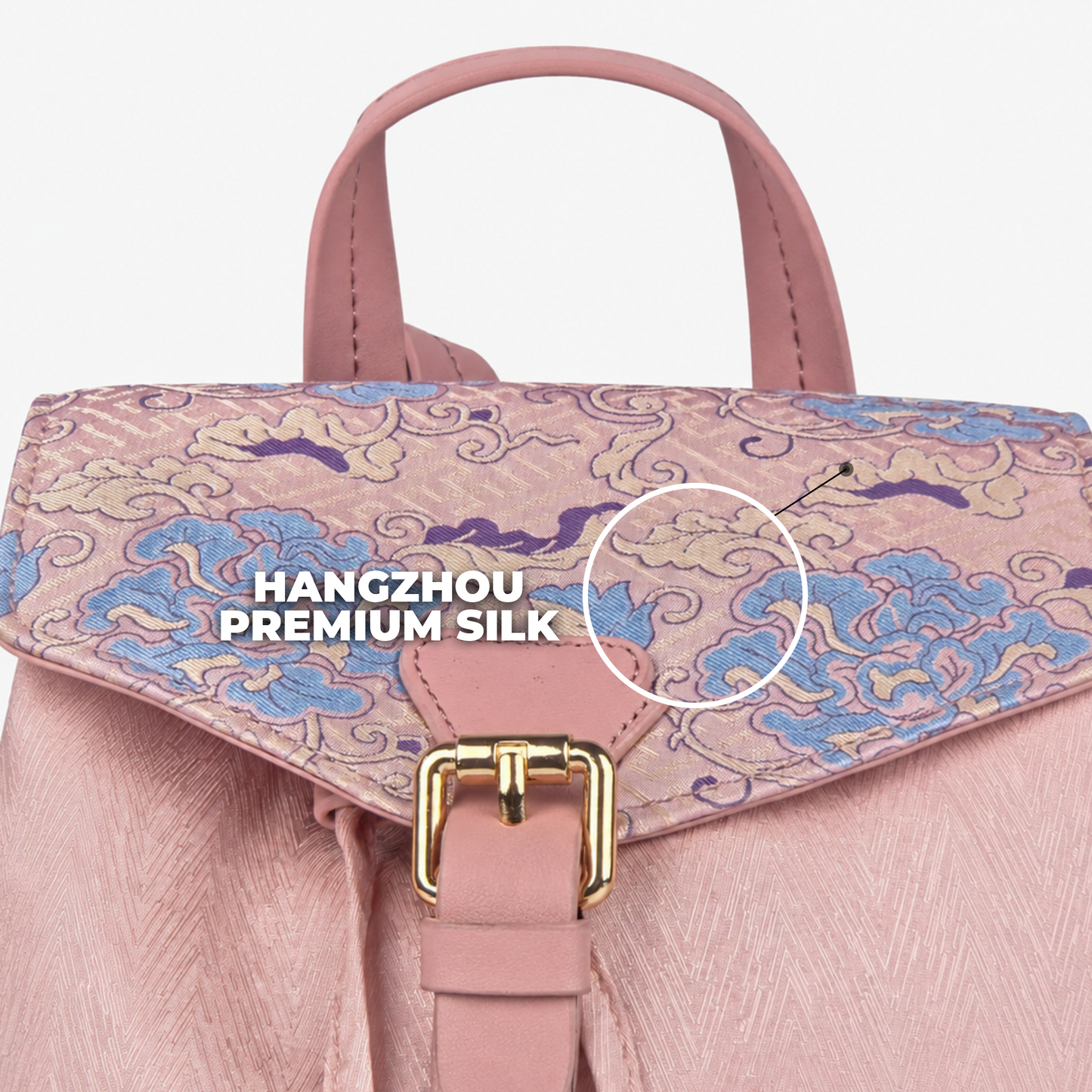 Pink Hangzhou Silk & Leather Backpack for Women