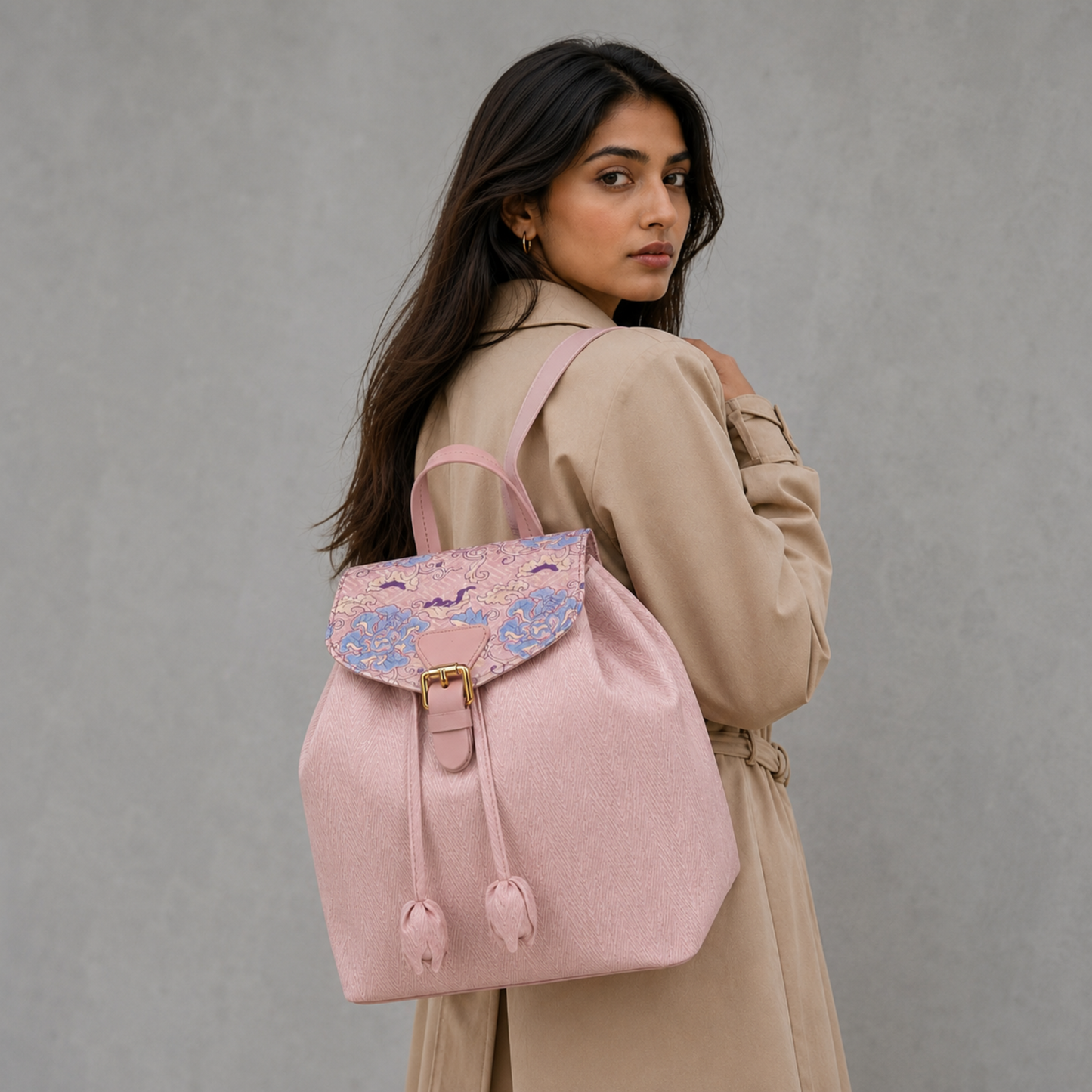 Pink Hangzhou Silk & Leather Backpack for Women