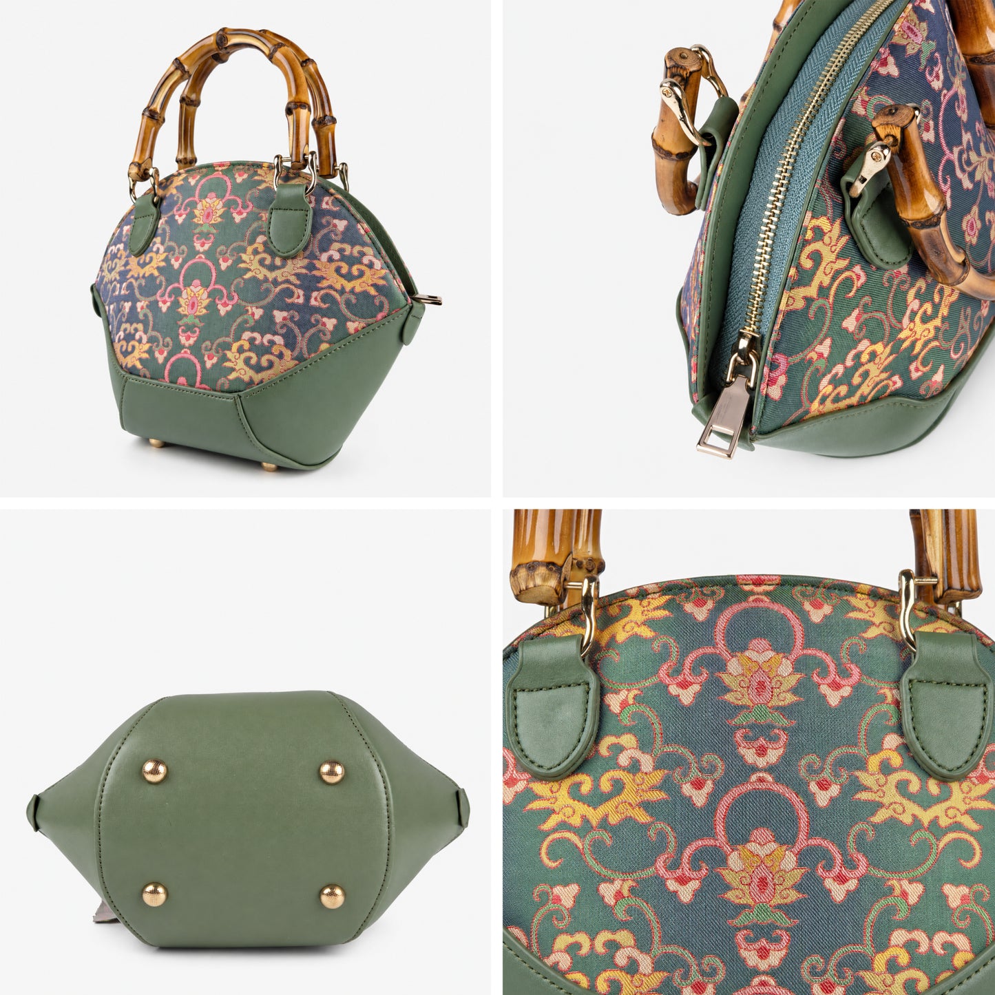 Premium Bottle Green Hangzhou Silk & Leather Handbag with Bamboo Handle