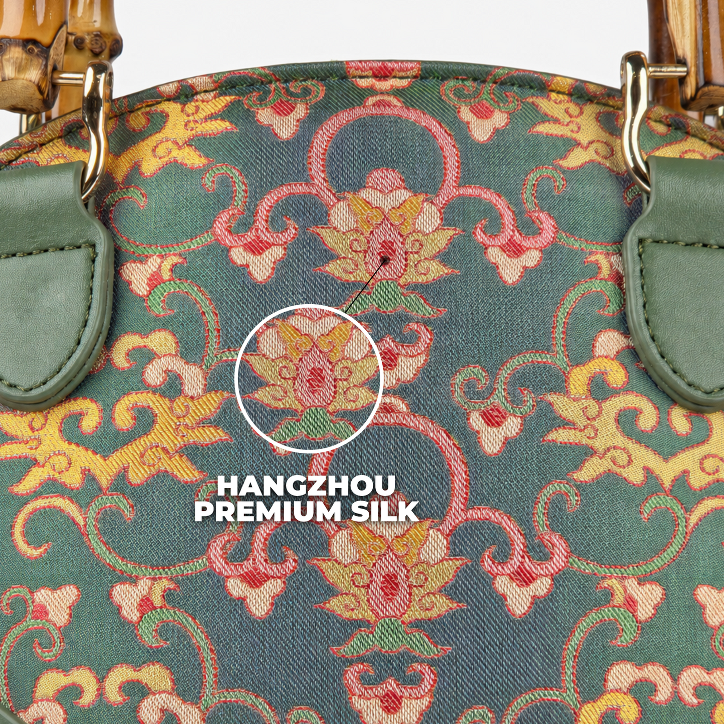 Premium Bottle Green Hangzhou Silk & Leather Handbag with Bamboo Handle