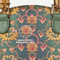 Premium Bottle Green Hangzhou Silk & Leather Handbag with Bamboo Handle