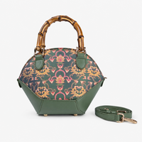 Premium Bottle Green Hangzhou Silk & Leather Handbag with Bamboo Handle