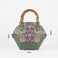 Premium Bottle Green Hangzhou Silk & Leather Handbag with Bamboo Handle