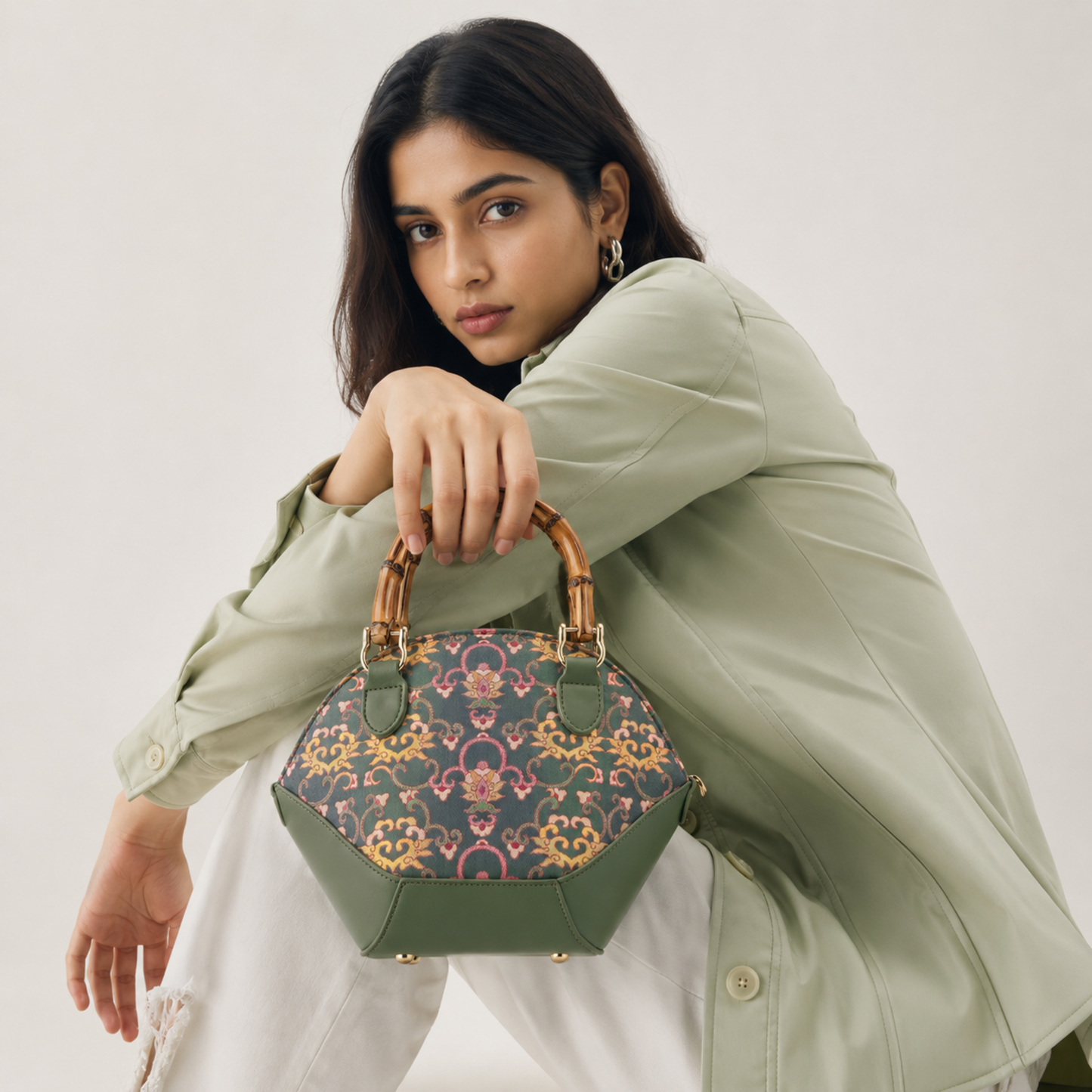 Premium Bottle Green Hangzhou Silk & Leather Handbag with Bamboo Handle