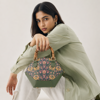 Premium Bottle Green Hangzhou Silk & Leather Handbag with Bamboo Handle