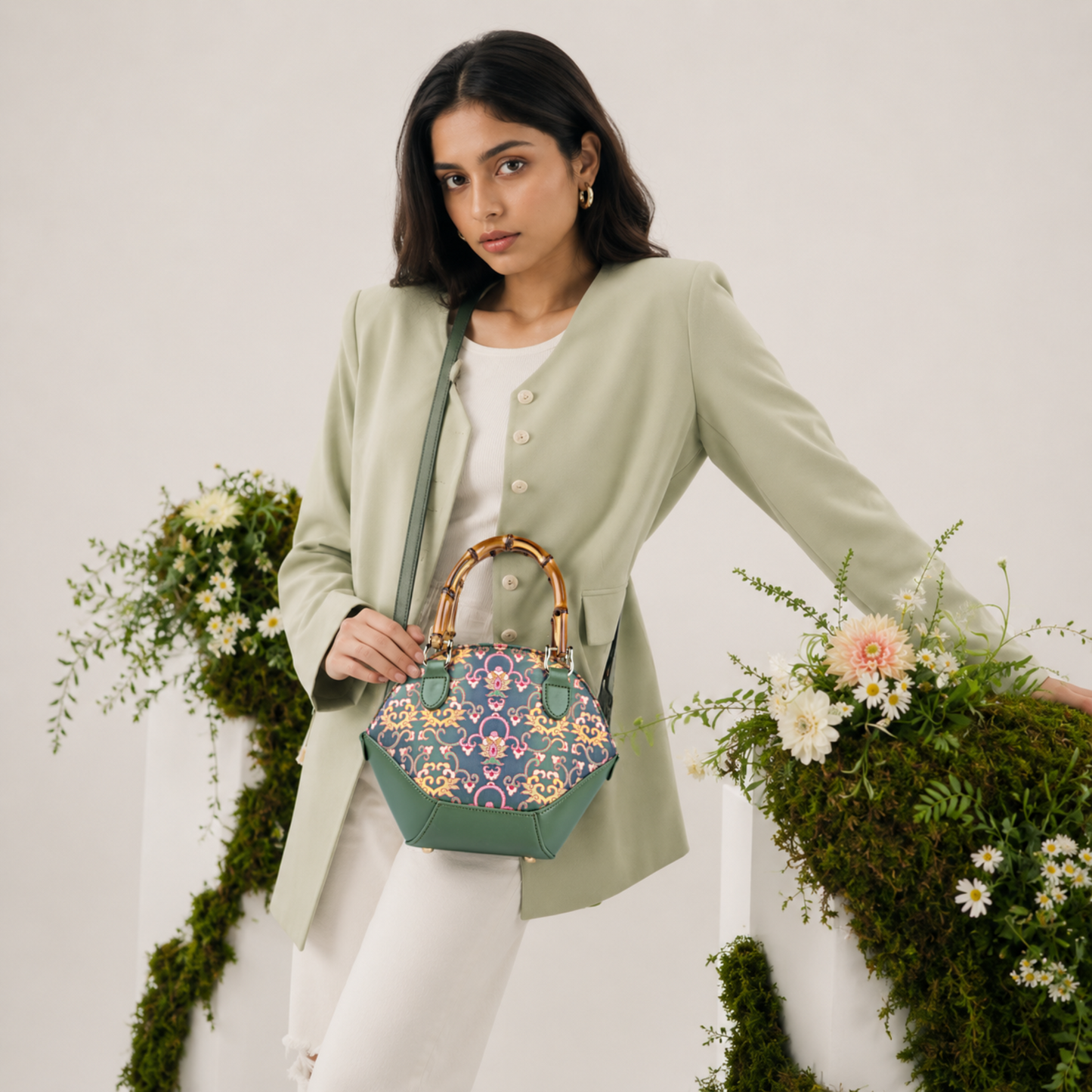 Premium Bottle Green Hangzhou Silk & Leather Handbag with Bamboo Handle