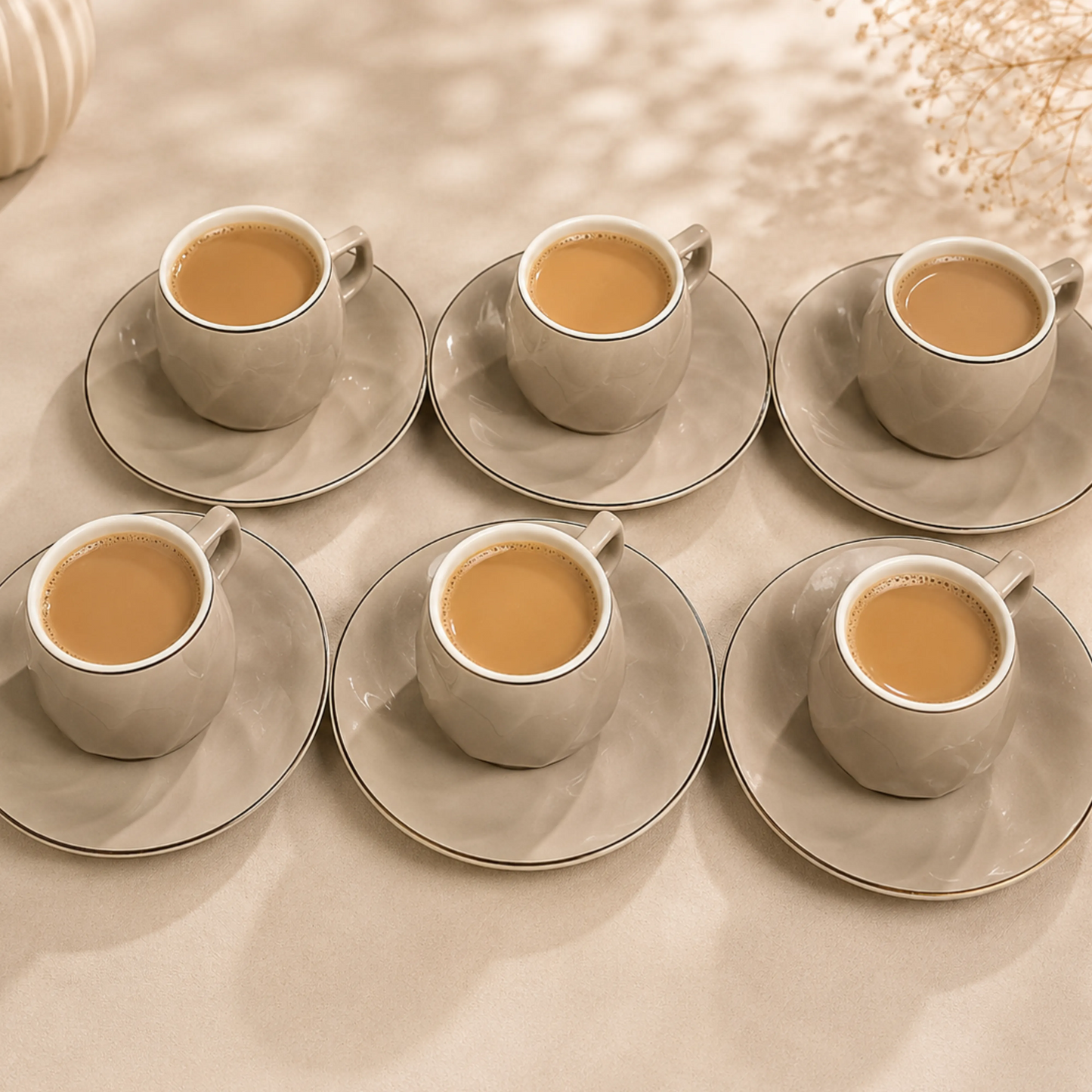 Light Grey Premium Gold Rim Ceramic Mug & Saucer - Set of 6 (75ml each)