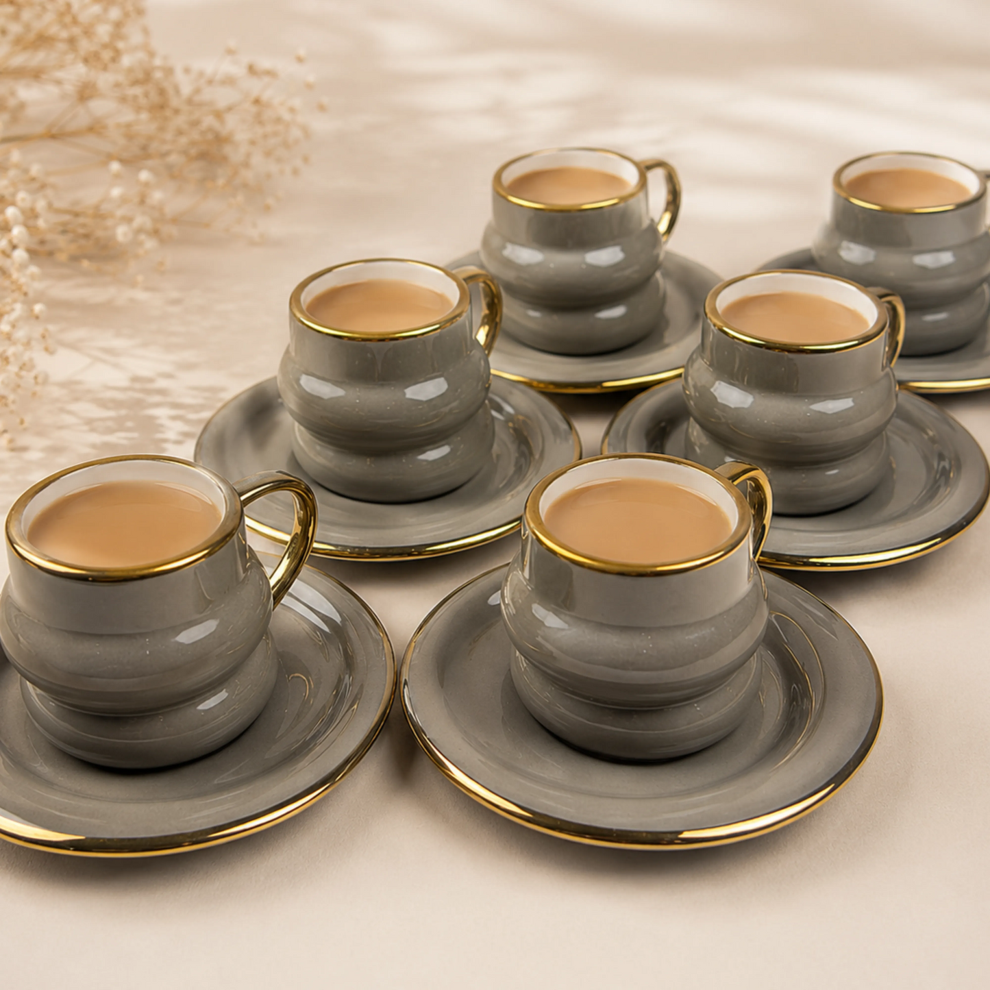 Luxury Smoky Grey Gold Rim Ceramic Mug & Saucer - Set of 6 (100ml each)