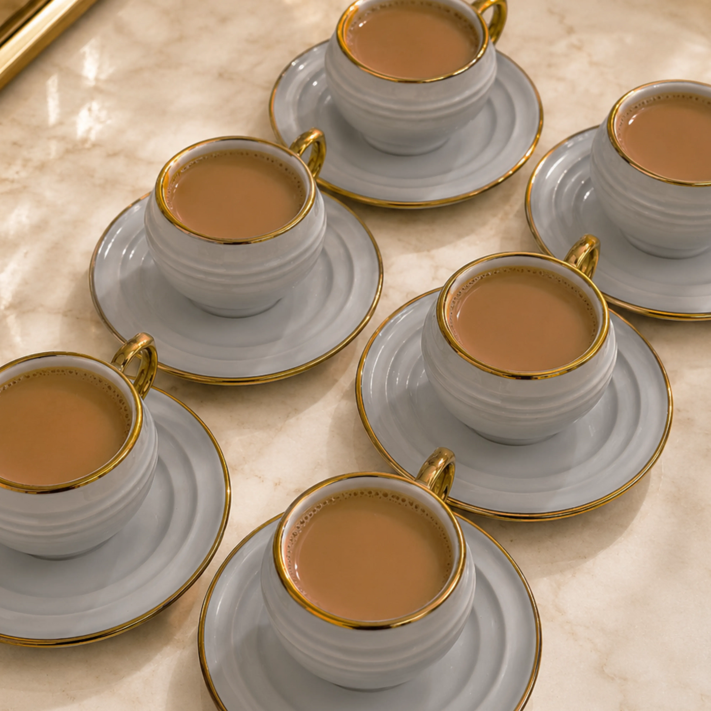Light Grey with Gold Rim Ceramic Mug & Saucer Set – Set of 6 (100ml each)