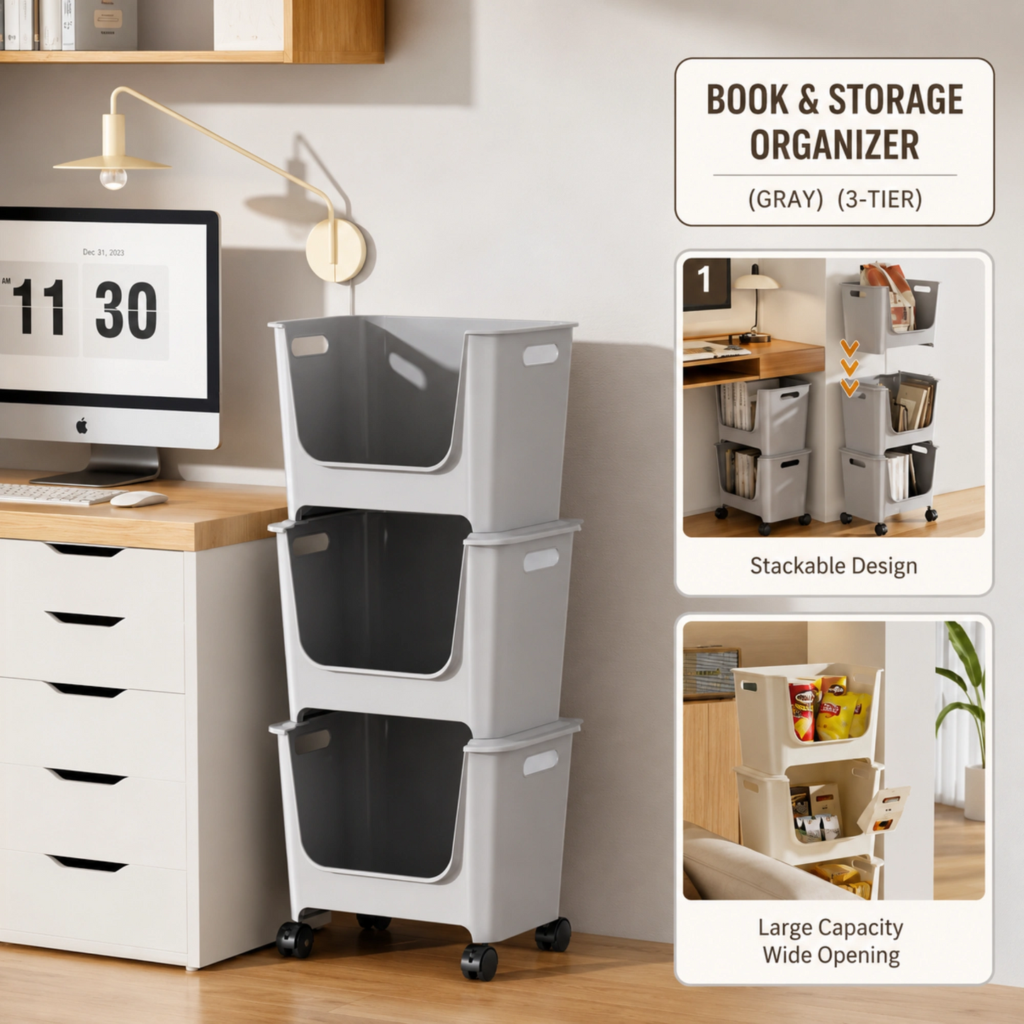 HOMX 3-Tier Stackable Storage Cart with Lockable Wheels, Open-Front Design