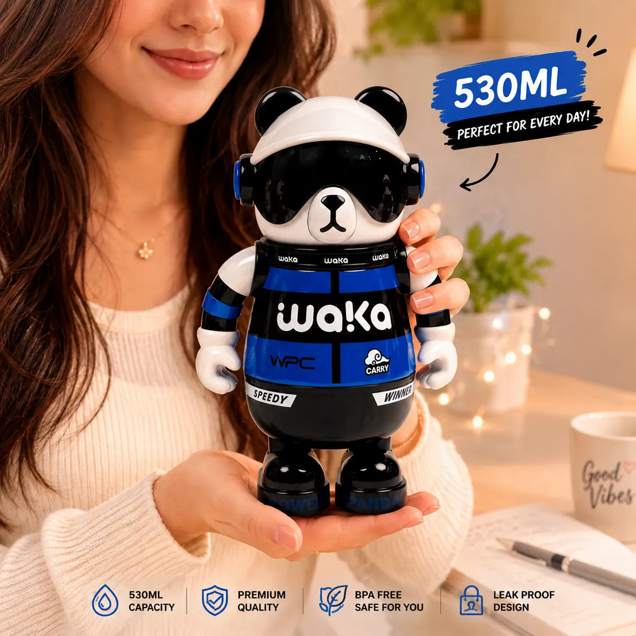 Waka Snowboarder Panda Insulated Water Bottle with Strap - 530ml