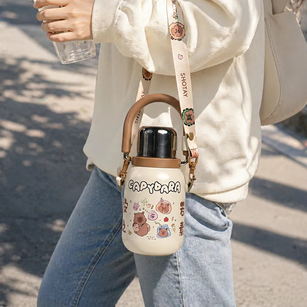 Cute Insulated Steel Flask/Bottle with Handle & Strap - 800ml