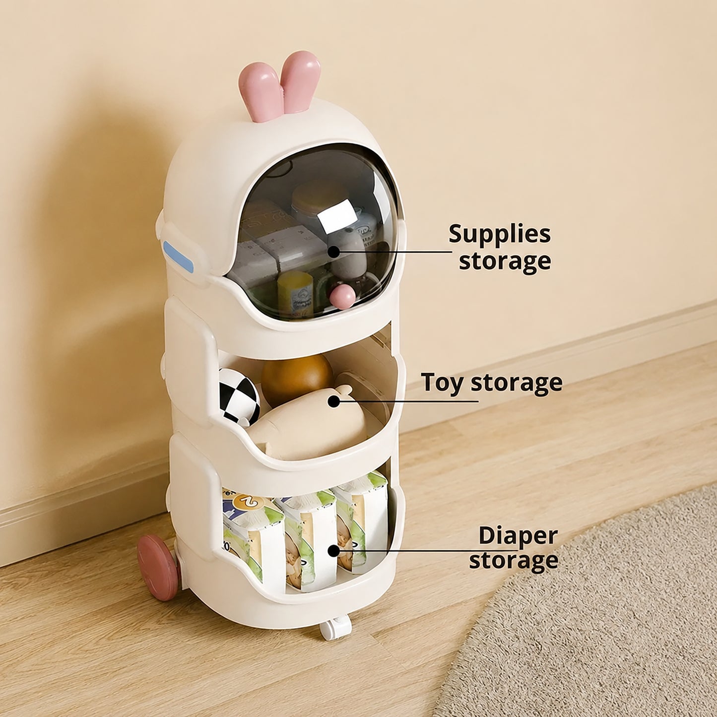 Cute Rabbit Baby Storage Trolley with Dust-Proof Cover & Wheels